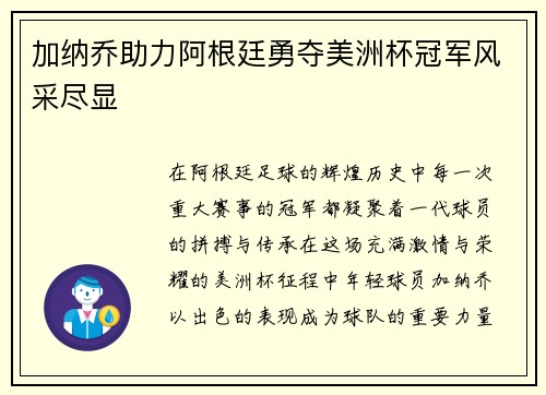 加纳乔助力阿根廷勇夺美洲杯冠军风采尽显 加纳乔助力阿根廷勇夺美洲杯冠军风采尽显