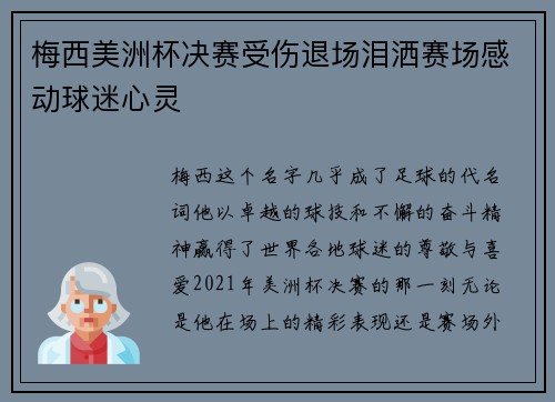 梅西美洲杯决赛受伤退场泪洒赛场感动球迷心灵 梅西美洲杯决赛受伤退场泪洒赛场感动球迷心灵